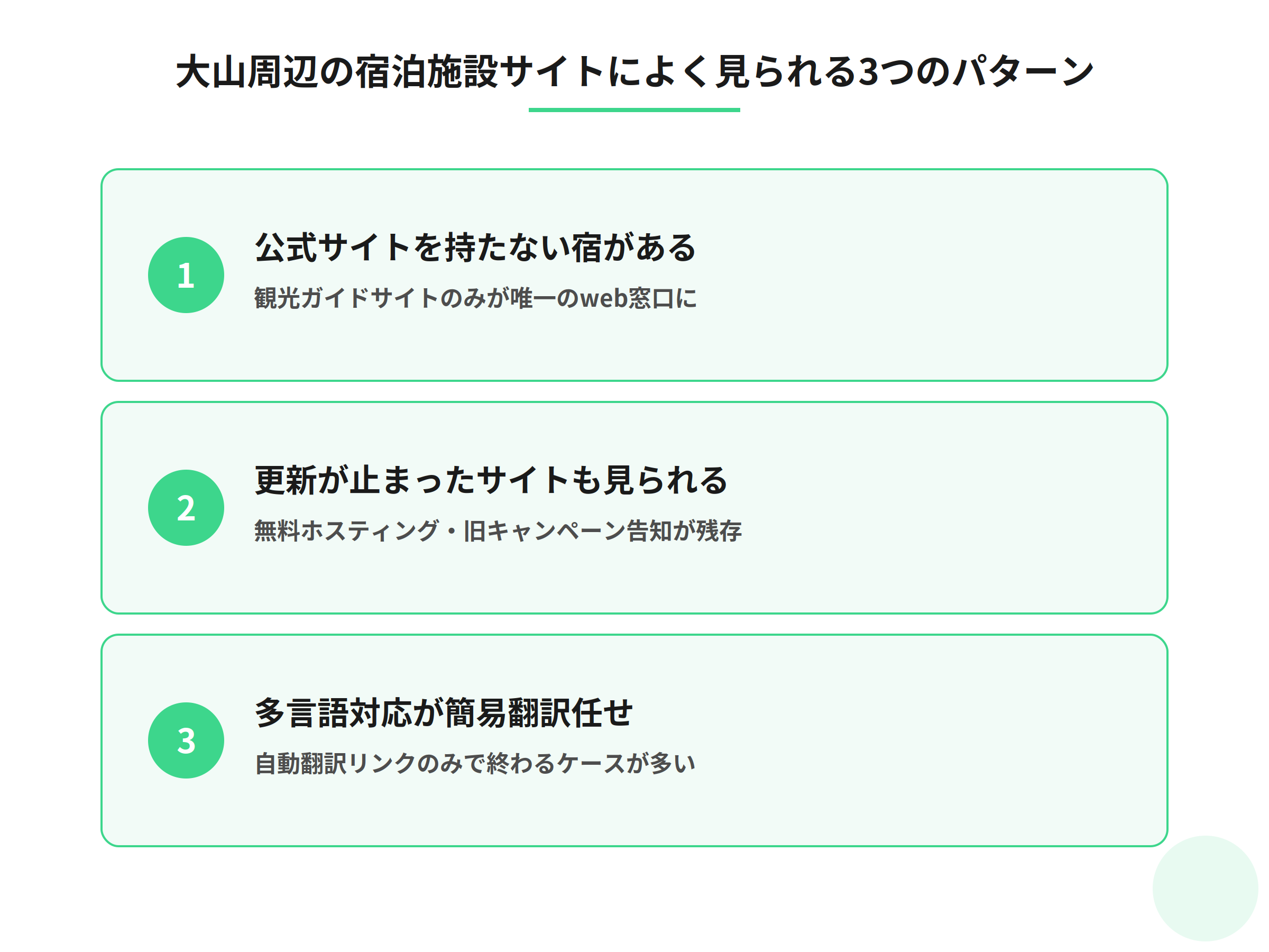 大山周辺の宿泊施設サイトによく見られる3つのパターン(公式サイトなし・更新停止・簡易翻訳のみの多言語対応)